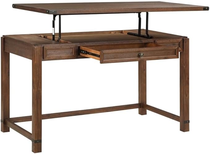 Pemberly Row Sit-to-Stand Lift Desk Brushed Walnut Brown Finish Solid Wood and Veneer 48 W x 24 D x 30.25 H Adjustable Height Classic Wire Brushed Texture Full Post Construction Home Office