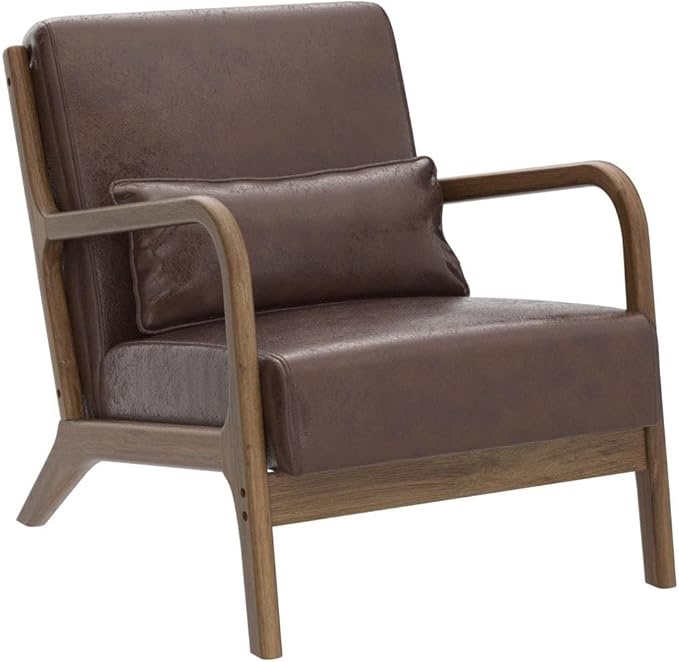 Glitzhome 2 Set Mid Century Coffee Accent Armchair Single Reading Armchair PU Leather Lounge Chair with Walnut Ruberwood Frame