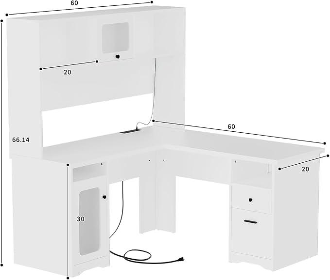 Unikito L Shaped Desk with Drawers 60 Inch Office Desk with Power Outlet and LED Lights Sturdy Corner Computer Desk with Hutch and File Cabinets 2 Person Home Office Gaming Table White