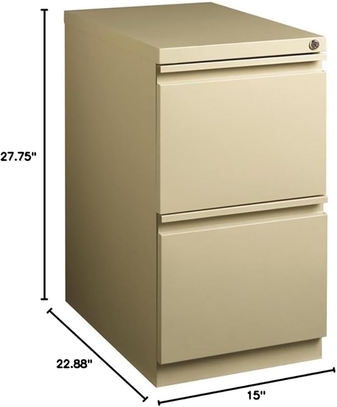 Pemberly Row Mobile Pedestal Filing Cabinet 2-Drawer File/File 23 D Beige Steel Full Extension Drawers Hidden Casters Lockable Office Storage ANSI/BIFMA Certified