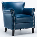 Pemberly Row Navy Blue Faux Leather Club Chair Chrome Nail Head Trim 18.9 in Seat Height Solid Wood Frame No Sag Springs 2.2 Density Foam Cushion Living Room Den or Office Use