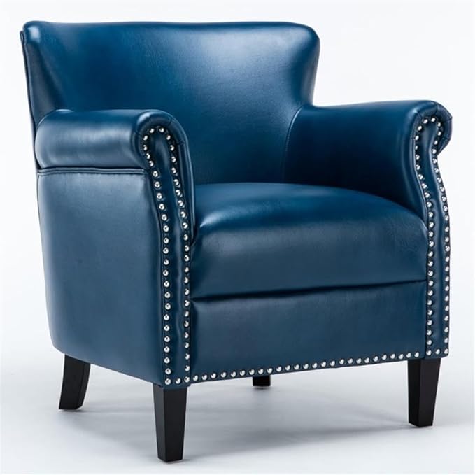 Pemberly Row Navy Blue Faux Leather Club Chair Chrome Nail Head Trim 18.9 in Seat Height Solid Wood Frame No Sag Springs 2.2 Density Foam Cushion Living Room Den or Office Use