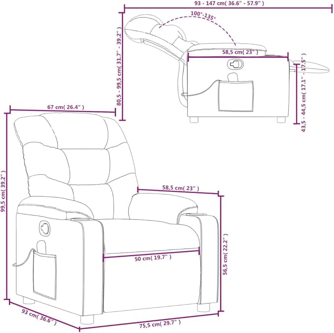 vidaXL Black Faux Leather Massage Recliner Chair-Elderly Reclining Armchair with Manual Adjustment-USB-Powered Vibrating Massage