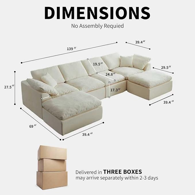 138 Cloud Sectional Couches for Living Room Convertible U-Shape Boneless Couch with Ottoman 6-Seater Compressed Sofa Modular Sectional Sofa (6-Seater Green)