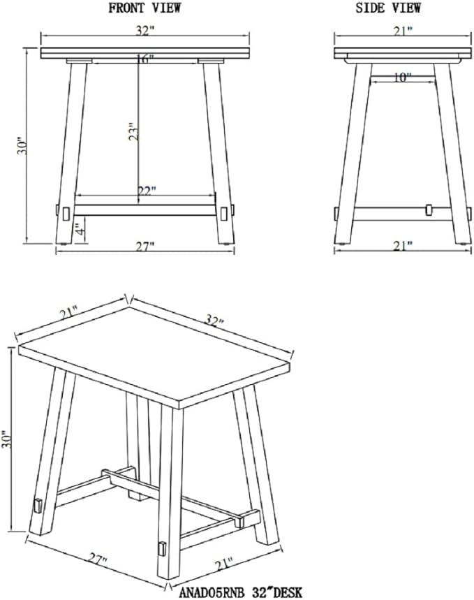 Adam 32 in. Solid Pine Wood Desk Rustic Industrial Style Distressed Black Sawhorse Legs Compact Office Desk Natural Wood Characteristics 32 in. W x 21 in. D x 30 in. H Ideal for Home Office