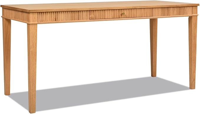 Modern Farmhouse 1-Drawer Fluted Home Office Writing Desk Natural Blonde Solid Rubberwood &amp Rubberwood Veneer