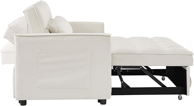 Sleeper Sofa Couch w/Pull Out Bed 53 Modern Velvet Convertible Sleeper Sofa Bed Small Love seat Sofa Bed with 2 Pillows &amp Side Pockets for Small Space Living Room Apartment Off White