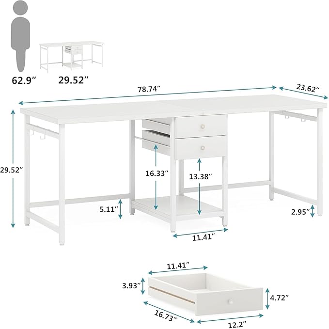79 2 Person Office Desk with Drawers Double Workstation Desk with Storage Shelf for Two People Two Person Computer Desk with Hooks for Home Office Gaming