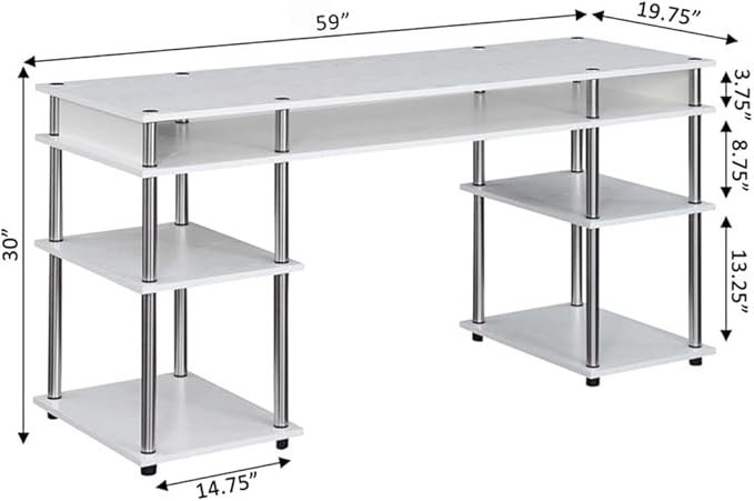 Pemberly Row 60-Inch Deluxe Student Desk with Shelves White Wood Finish Stainless Steel and Particle Board Construction No-Tools Easy Assembly Home Office or Dorm Workspace