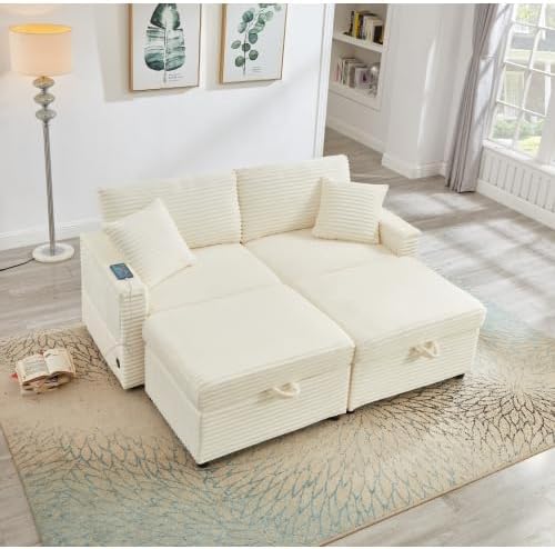 Chaise Lounge Chair Indoor 68 W Corduroy Loveseat Sectional Couch with Sorage Ottoman/Wing Table/Charge Ports/Cup Holder Modern Comfy Deep Seat Reading L-Shape Sofa for Living Room White