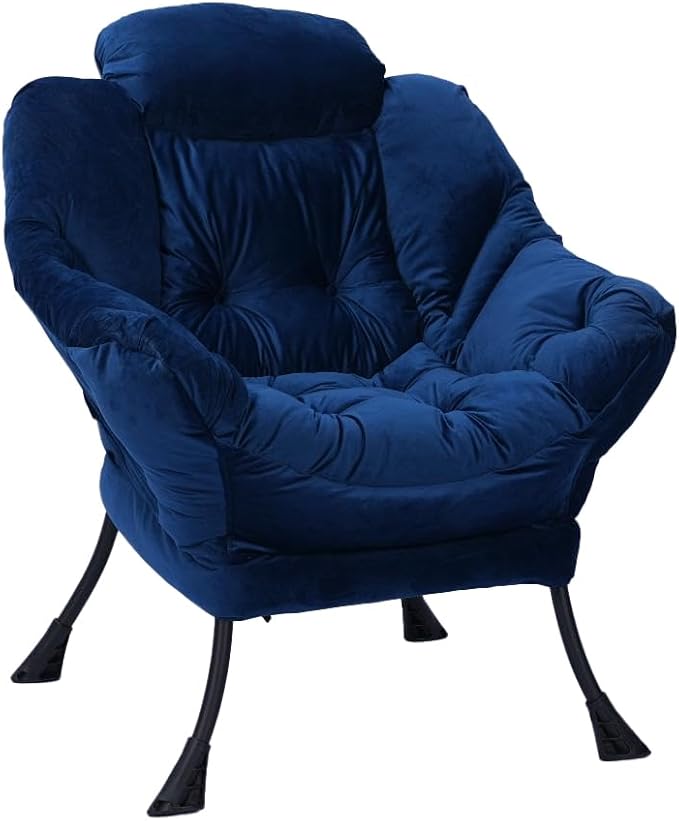 Living Room Chairs Modern Cotton Fabric Lazy Chair Accent Contemporary Lounge Chair Single Steel e Leisure Sofa Chair with Armrests and A Side Pocket (Blue)with Ottomanwith footrest