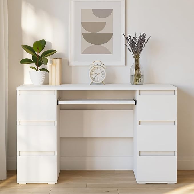 47'' Computer Desk with 6 Drawers and Keyboard Shelf Modern Wood Writing Desk with Storage for Home Office Bedroom Gaming Study or Vanity Table (White)