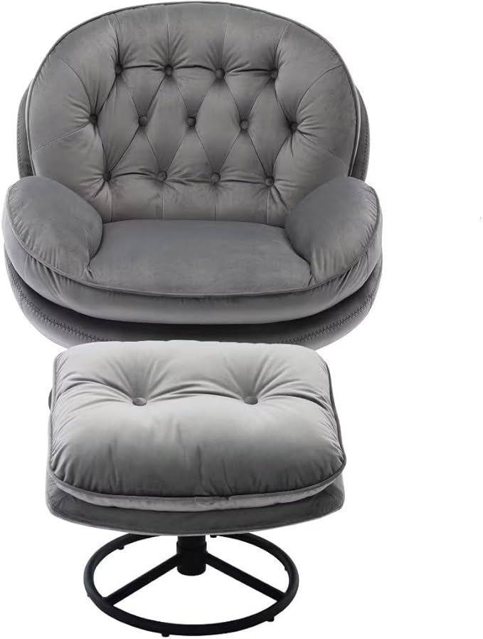 Velvet Swivel Accent Chair with Ottoman Modern Lounge Chair with Metal Base Frame &amp Footrest Comfortable Leisure Single Sofa Chair Reading Chair with 360 Degree Swiveling for Living Room Gray