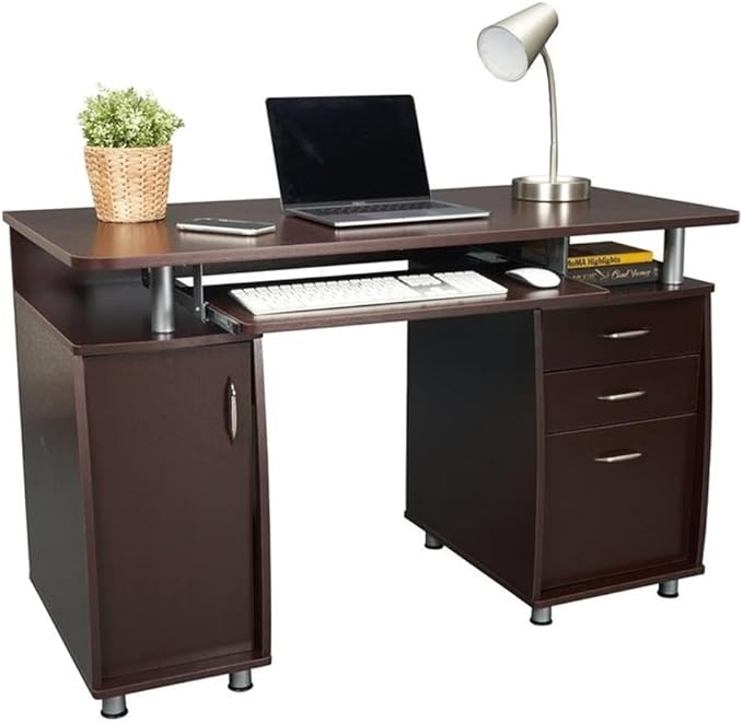 Pemberly Row 48 Wide Home Office Computer Desk in Gray with CPU Storage Cabinet and Hanging File Cabinet Brown