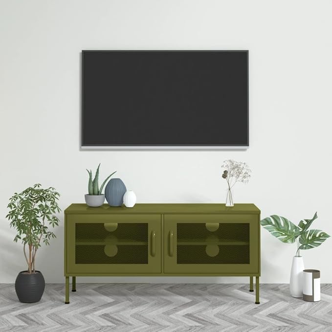 vidaXL Steel TV Stand with Adjustable Levelers Olive Green 41.3x13.8x19.7 Industrial Cable-Management TV Cabinet with Mesh Doors and Interior Shelve