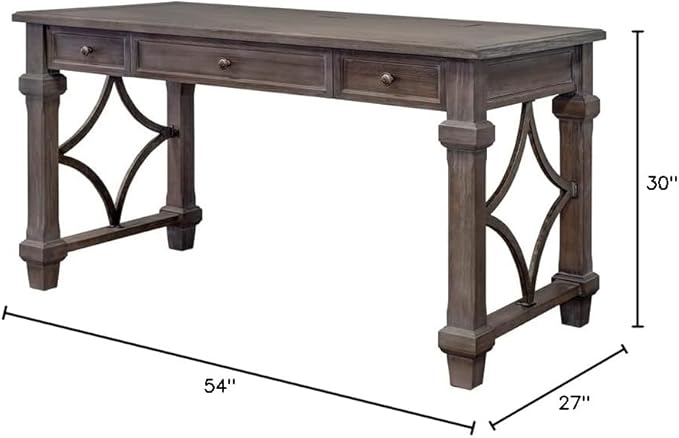 Pemberly Row Wood Writing Desk 54 in x 27 in x 30 in Solid Wood and Veneer Gray Weathered Dove Finish USB and AC Outlets Drop-Front Keyboard Tray Casual Office Desk for Home or Executive Office