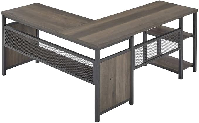 FATORRI L Shaped Desk Industrial Reversible Home Office Computer Desk with Wood Shelves Corner Desks with Metal Legs (Walnut Brown 59 Inch)