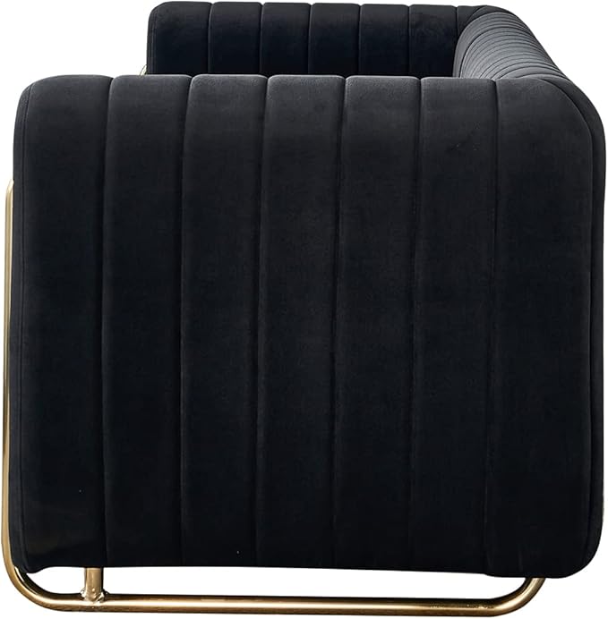 kevinplus 84.2'' Velvet Chesterfield Sofa Couch for Living Room Modern Luxury 3-Seat Upholstered Sofa Couch for Apartment Bedroom Dorm Office Strong Gold Metal Legs (Channel Backrest Black)