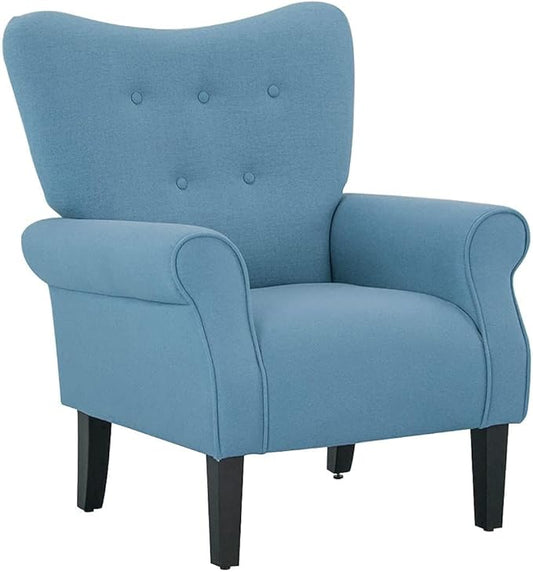 YOLENY Modern Accent ChairHigh Back ArmchairUpholstered Fabric Button Single Sofa with Wooden Legs for Living RoomBedroomClubLight Blue