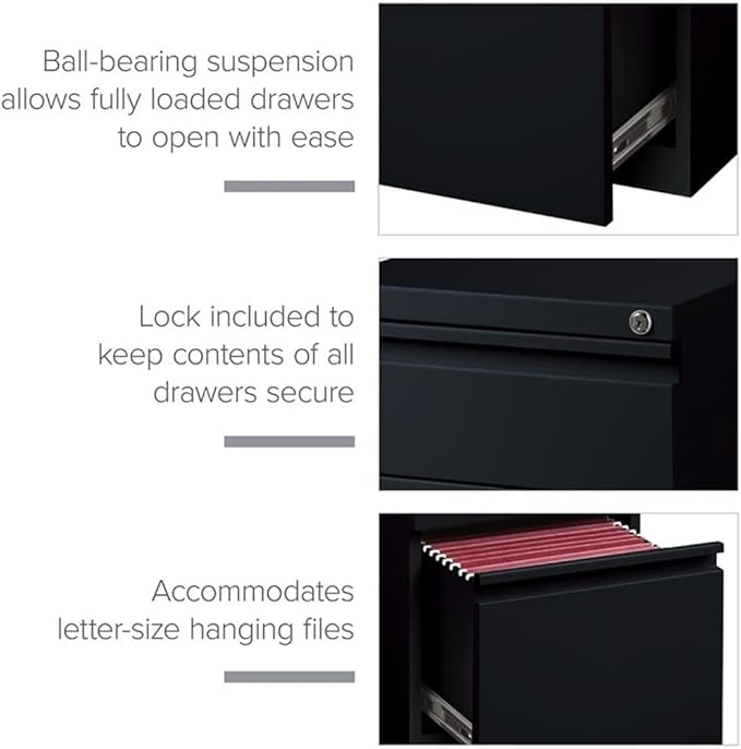 Pemberly Row 3 Drawers 27.75 Vertical Black Metal Filing Cabinet Lockable Pre-Assembled Stationary Letter Size for Home Office
