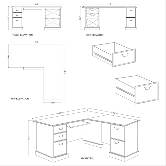 Pemberly Row L-Shape Executive Office Computer Desk 66 in x 71.2 in Harvest Cherry Finish Manufactured Wood Double Pedestal Base with Storage Keyboard Shelf File Drawers Home Office Desk