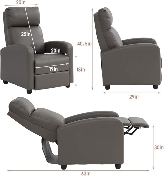 Recliner Chair for Living Room Reading Chair Recliner Sofa Winback Chair Single Sofa Home Theater Seating Modern Reclining Chair Easy Lounge with PU Leather Padded Seat Backrest