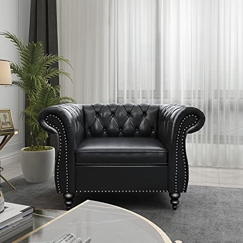 RARZOE Contemporary PU Chesterfield ChairsChesterfield Faux Leather Club Chair Chesterfield Button Tufted Leather Accent Chair with Nailhead Trim Scrolled Arms for Living Room Bedroom Office Black