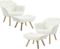 Modern Sherpa Accent Chair with Ottoman Set of 2 Fluffy Upholstered Lounge Chair with Footrest Comfy Living Room Side Boucle Armchair for Small Space Bedroom White