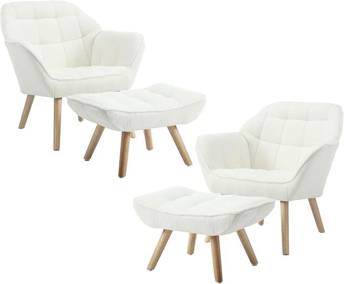 Modern Sherpa Accent Chair with Ottoman Set of 2 Fluffy Upholstered Lounge Chair with Footrest Comfy Living Room Side Boucle Armchair for Small Space Bedroom White