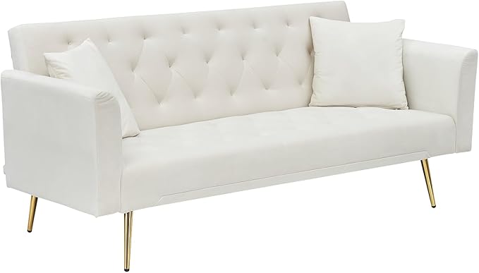 71 Modern Velvet Sofa Bed Futon Convertible Sleeper Couch with Adjustable Backrest Tufted Recliner Loveseat with Golden Chrome Legs &amp 2 Pillows for Small Spaces Living Room Apartment (Beige)