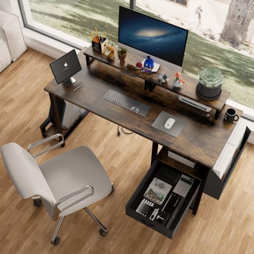 Computer Desk with File Drawers Cabinet 47 Inch Reversible Home Office Desks with Filing CabinetPower Outlet2 Monitor Stands for Small Space Gaming Study Writing Table PC Desks (Brown)