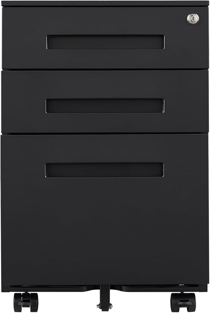 Black File Cabinet 3 Drawer Mobile File Cabinet with Lock and Wheels Under Desk Metal Filing Cabinet for OfficeLockable Rolling Cabinet with 2 Keys for LegalLetterA4 Size