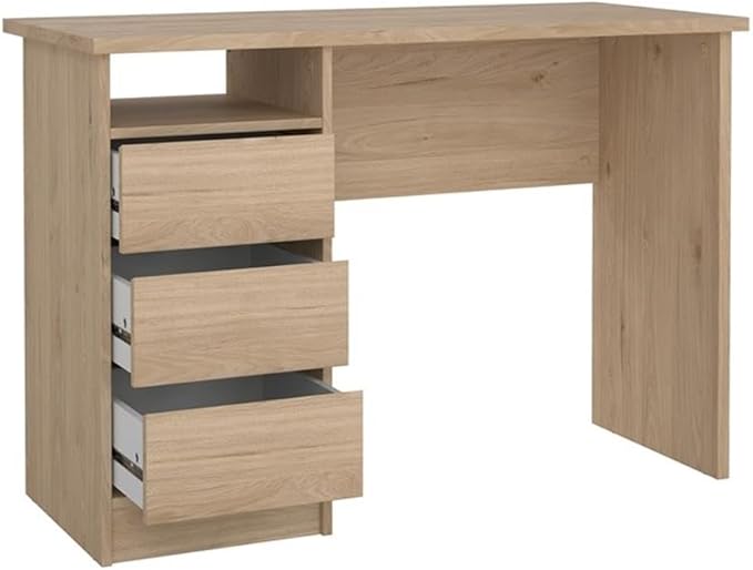 Pemberly Row Writing Desk 43.31 in. H x 19.09 in. D x 29.92 in. W Engineered Wood with Jackson Hickory Finish 3 Smooth Gliding Drawers Open Shelf Compact Home Office Desk for Small Spaces