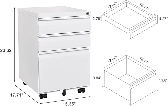 Rolling File Cabinet for Home Office – 3-Drawer Under Desk Cabinet with Lock and Removable Hanging Rods Storage and File Cabinet with Pencil Tray Fully Assembled Except Casters (White)
