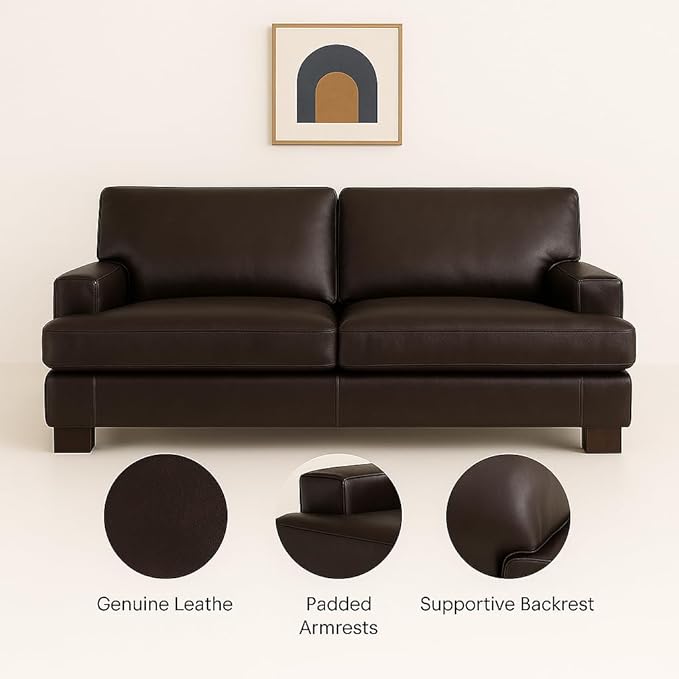 Naomi Home Genuine Leather Loveseat – Goose Feather Cushion Filling Square Arm Design Sturdy Block Legs – Cozy 2-Seater Sofa – Ideal for Living Room Office or Bedroom Espresso