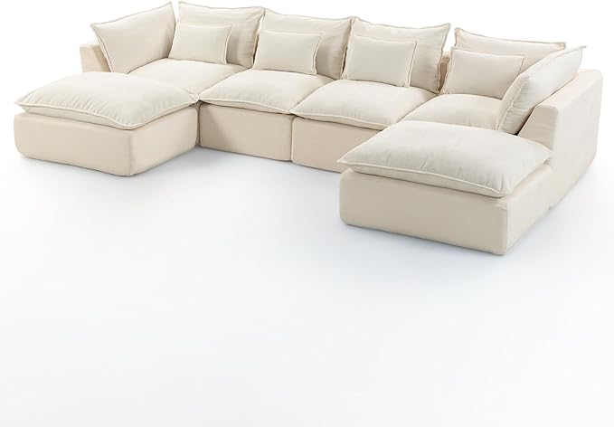 130 Oversized Cloud Sectional Sofa U Shaped Boneless 4-Seater Modular Couch with Ottoman Extra Deep Seat Compressed Foam Sofa for Living Room White