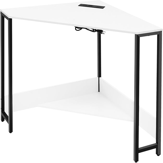 Small Corner Desk with Outlet Corner Table for Small Space Industrial Computer Desk w/USB Ports Triangle Desk for Home Office Workstation Living Room Bedroom (White)
