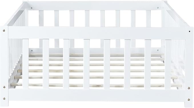 Twin Floor Bed with Slats Fence and Door Twin Size Montessori Floor Bed for Kids Girls Boys Easy Assemble Montessori Bed Frame(Twin White)