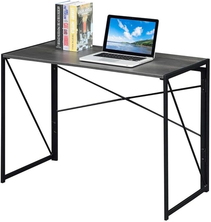 Pemberly Row Folding Desk 39 in L x 19.75 in W x 29.5 in H Gray Wood Finish Black Powder-Coated Metal Frame Compact Particleboard Workspace Easy Assembly Home Office or Study Desk