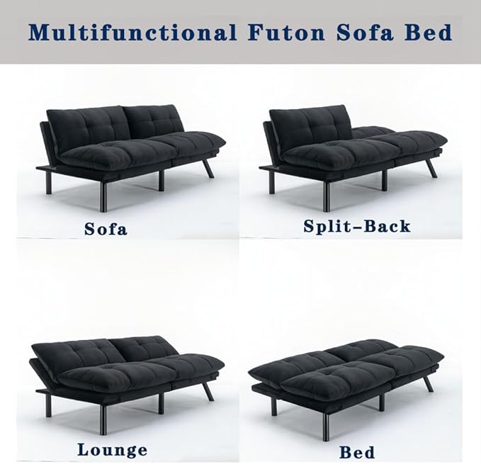 71 Velvet Futon Sofa Bed Modern Convertible Futon Sofa Bed Couch Adjustable Armrests and Backrest Sofa Sleeper for Living Room Small Space Apartment Office