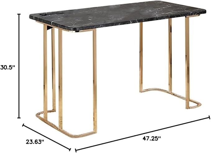 Bowery Hill Contemporary Metal Writing Desk 47.25W x 23.63D x 30.5H Steel and MDF Black and Gold Finish Rounded Corners Built-in USB Power Strip Faux Marble Top Home Office or Bedroom Desk