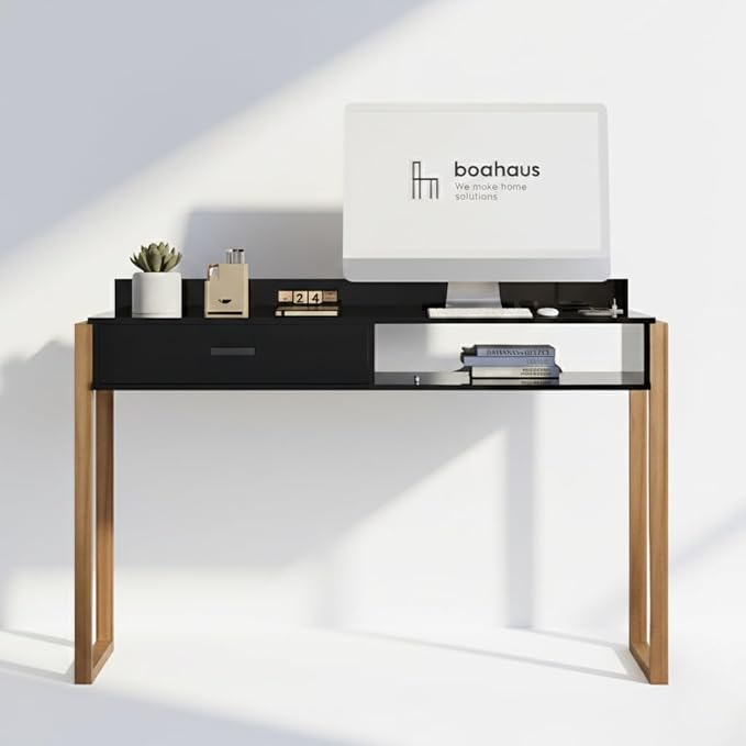Boahaus Kettlewell Modern Black Computer Desk with USB Ports Large Drawer Open Shelf &amp Solid Wood Legs – Home Office Workstation