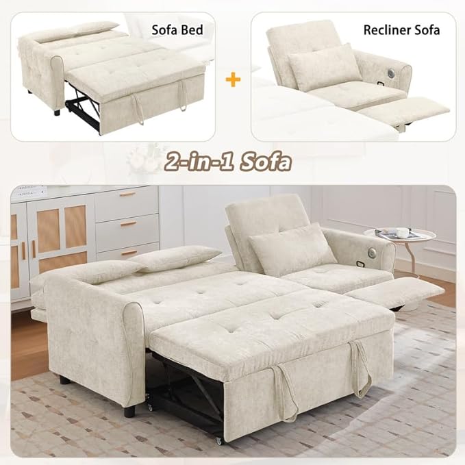Polibi 2-in-1 Convertible Sofa Bed &amp Recliner - 3-Position Adjustable Backrest (105°-180°) Reversible Design Dual USB Ports 82 Wide Beige