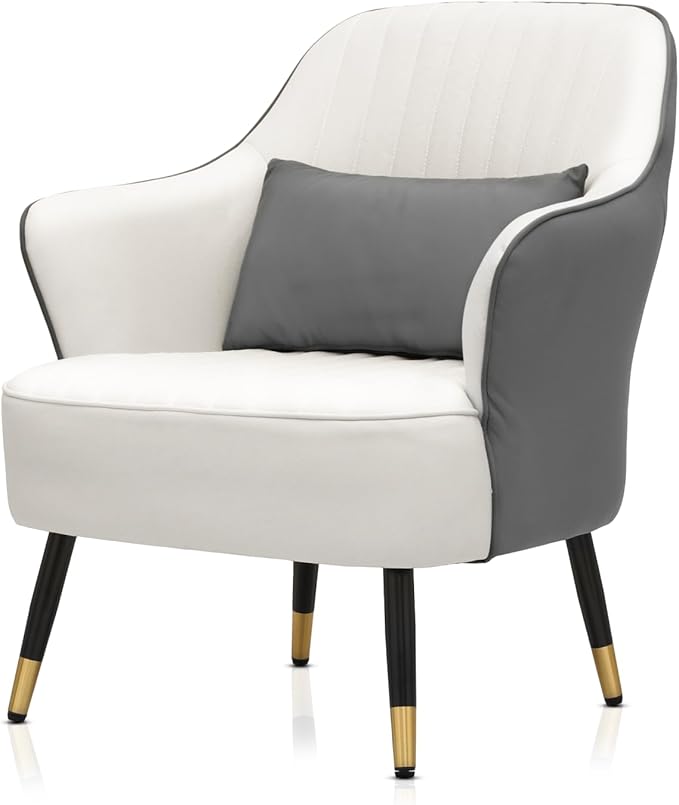 Accent Chair with Lumbar Pillow Comfy Reading Chair Mid Century Modern Barrel Chair Upholstered Single Sofa Chair with Metal Legs for Living Room Bedroom White &amp Grey