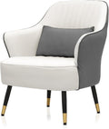 Accent Chair with Lumbar Pillow Comfy Reading Chair Mid Century Modern Barrel Chair Upholstered Single Sofa Chair with Metal Legs for Living Room Bedroom White &amp Grey