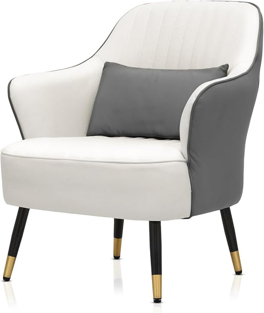 Accent Chair with Lumbar Pillow Comfy Reading Chair Mid Century Modern Barrel Chair Upholstered Single Sofa Chair with Metal Legs for Living Room Bedroom White &amp Grey