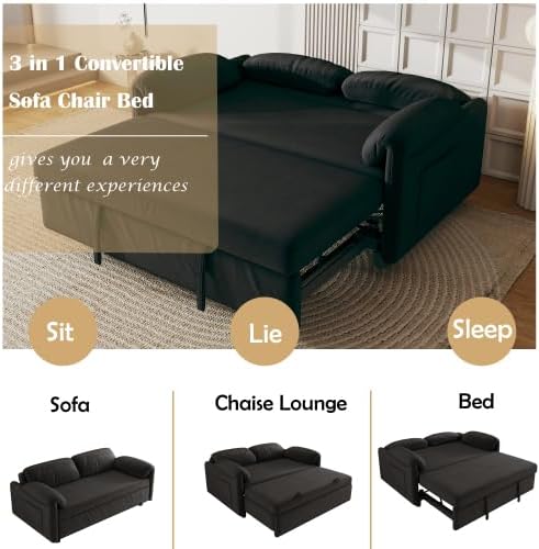 54'' Corduroy 3-in-1 Convertible Sofa Bed Pull Out Sleeper Loveseat Couch with USB Ports &amp Storage Pockets Futon Couches for Small Space Living Room Apartment (Black)