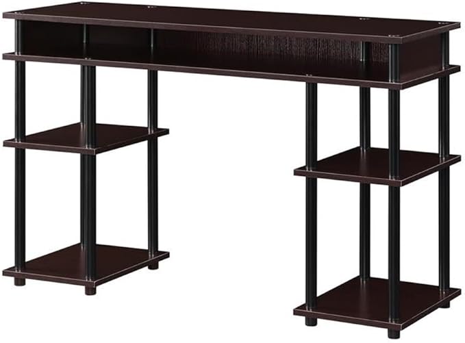 Pemberly Row No-Tools Student Desk 47.25 in x 15.75 in x 30 in Espresso Wood Finish Particleboard Shelves Stainless Steel Legs Easy Assembly Modern Style for Home Office or Dorm Use
