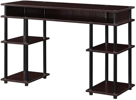 Pemberly Row No-Tools Student Desk 47.25 in x 15.75 in x 30 in Espresso Wood Finish Particleboard Shelves Stainless Steel Legs Easy Assembly Modern Style for Home Office or Dorm Use