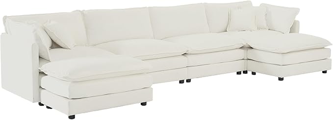 kevinplus 146.5'' Modular Sectional Sofa Couch with Ottoman for Living Room Modern Contemporary U-Shaped Sofa Couch for Apartment Office Chenille Fabric White (4-Seat Couch + 2 Ottoman)
